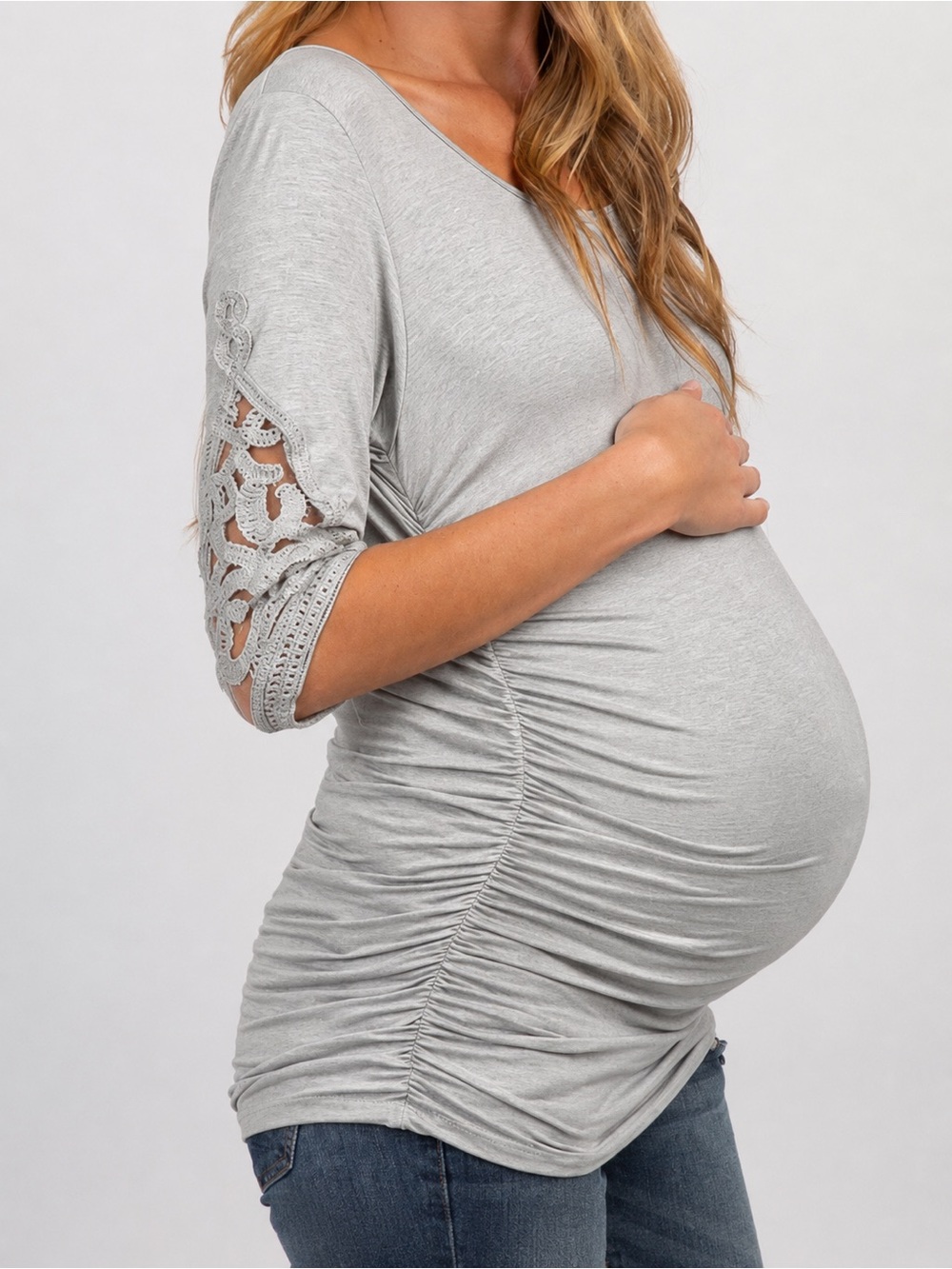 PinkBlush Maternity Lace Sleeve Ruched Top Gray Pregnancy Fall XL